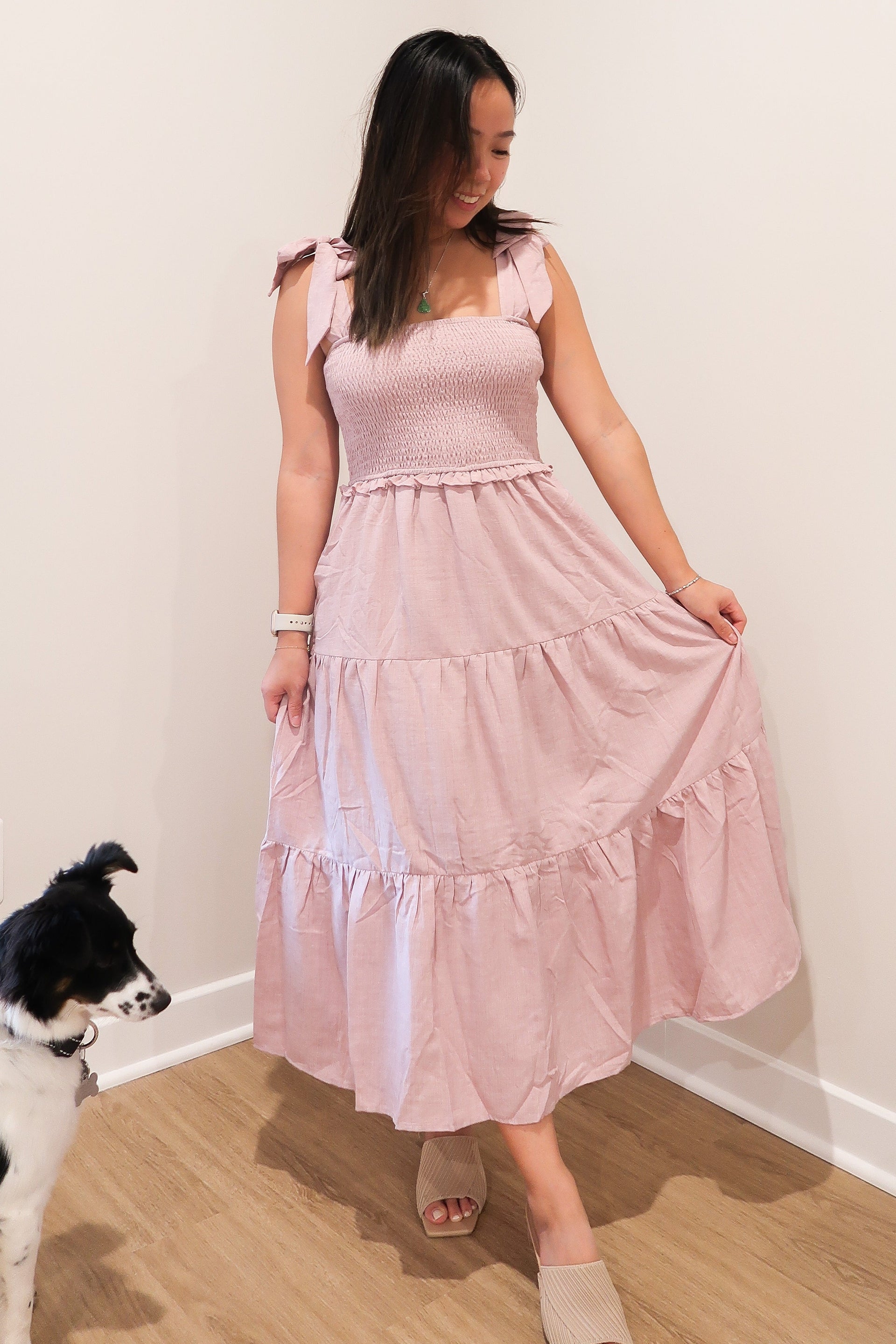 Mauve Bow Strap Tiered Midi Dress