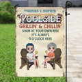 Personalized Couple Flag Sign - Gift Idea for Camping Lovers/Couple - Poolside Grillin' & Chillin' Swim At Your Own Risk It's Always 5 O'Clock Here