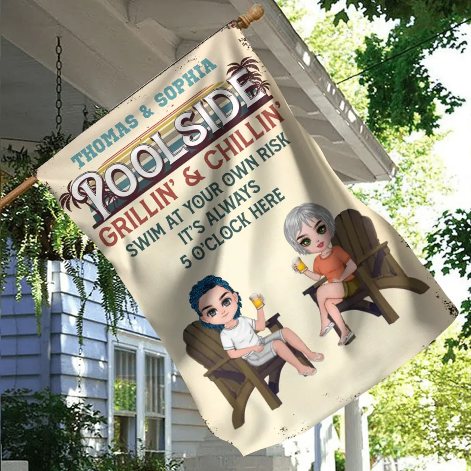 Personalized Couple Flag Sign - Gift Idea for Camping Lovers/Couple - Poolside Grillin' & Chillin' Swim At Your Own Risk It's Always 5 O'Clock Here