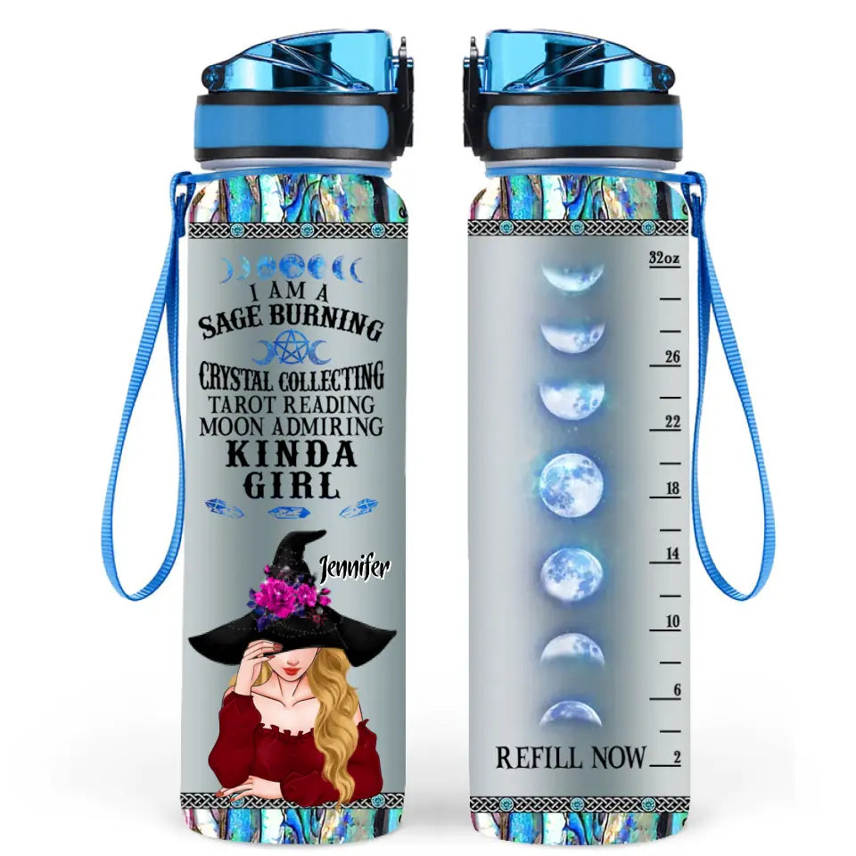 Personalized Witch Water Tracker Bottle - Gift Idea for Witch Lovers - I Am A Sage Burning Crystal Collecting Tarot Reading Moon Admiring Kinda Girl