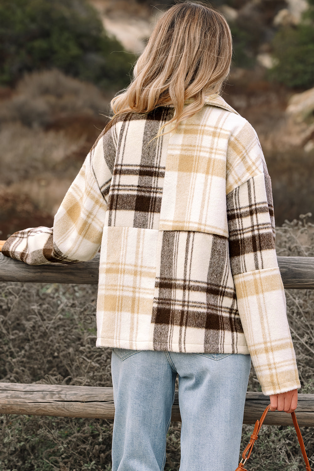 Women's Cream and Tan Plaid Patchwork Button Down Shacket - Image 2