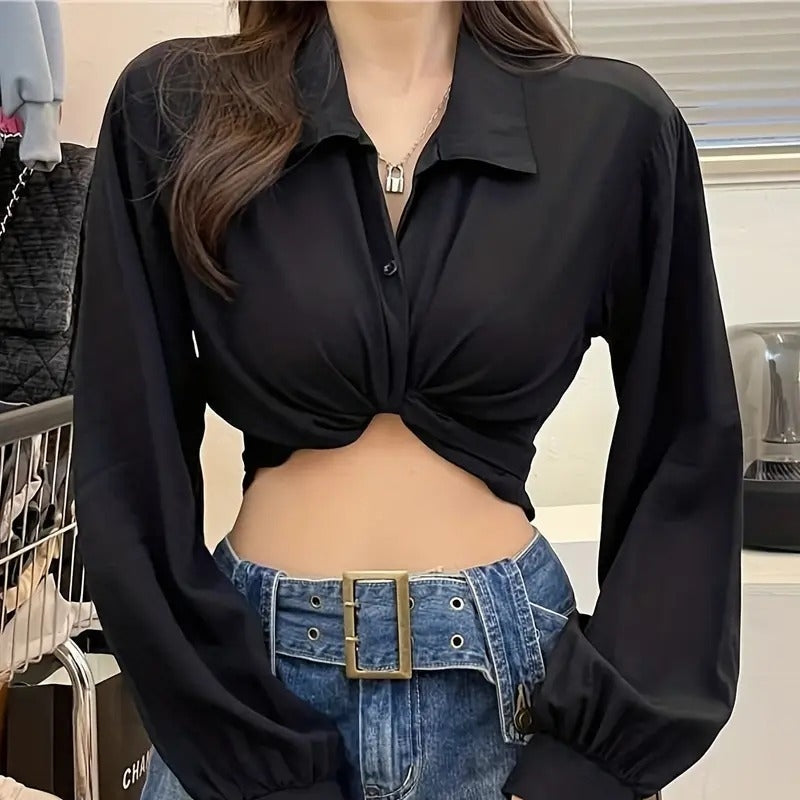 Elegant Puffy Long Sleeve Cropped Blouse for Women