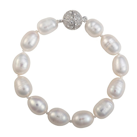 Baroque freshwater pearl bracelet with a round crystal-encrusted magnetic clasp