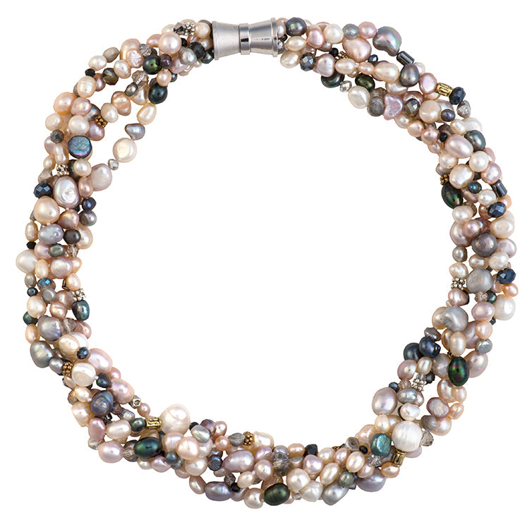 A multi-strand statement necklace made of mixed white, pink, and gray freshwater pearls with crystals and Tibetan accent beads, featuring a magnetic clasp.