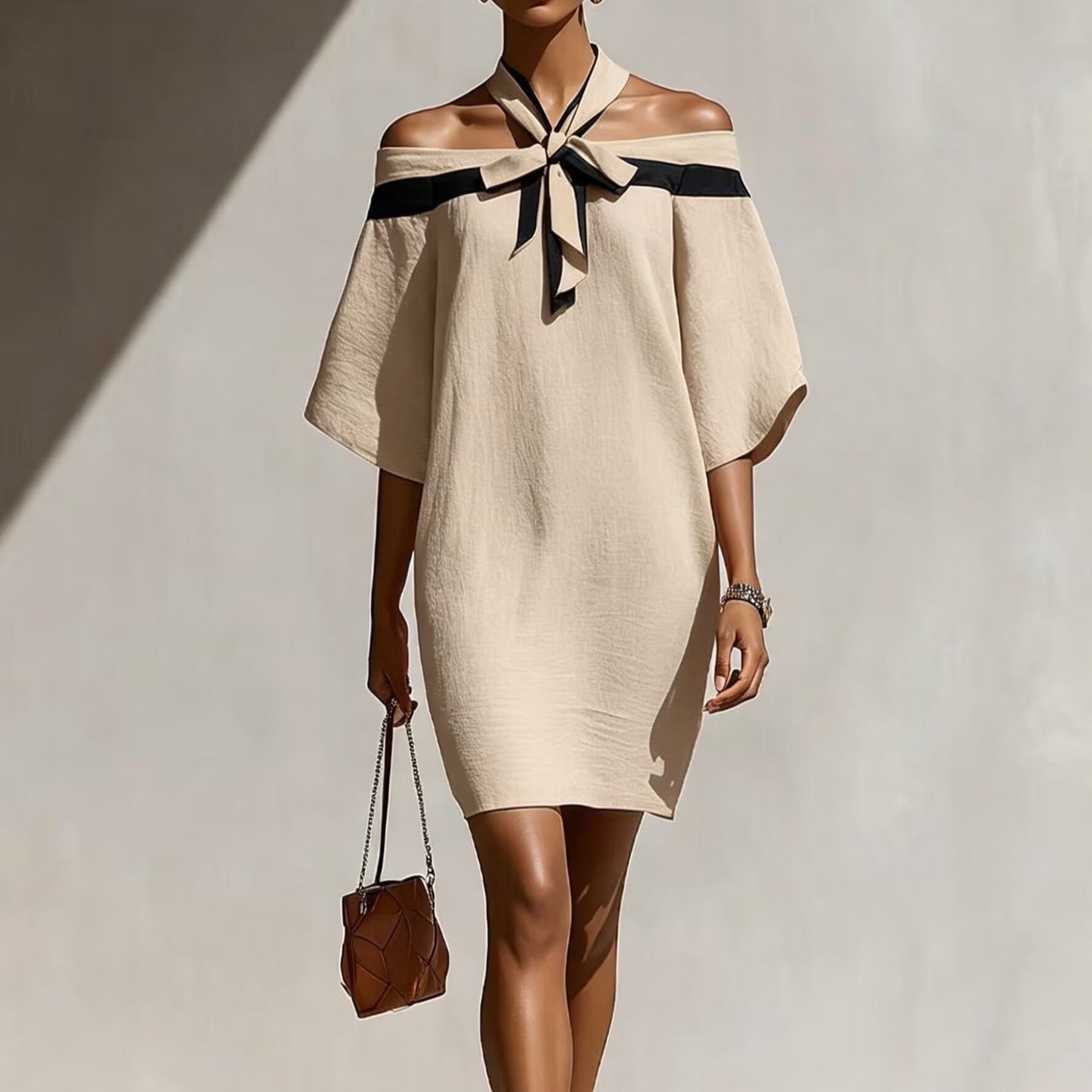 One Shoulder Bow Collar A-Line Dress – Short Sleeve Mini