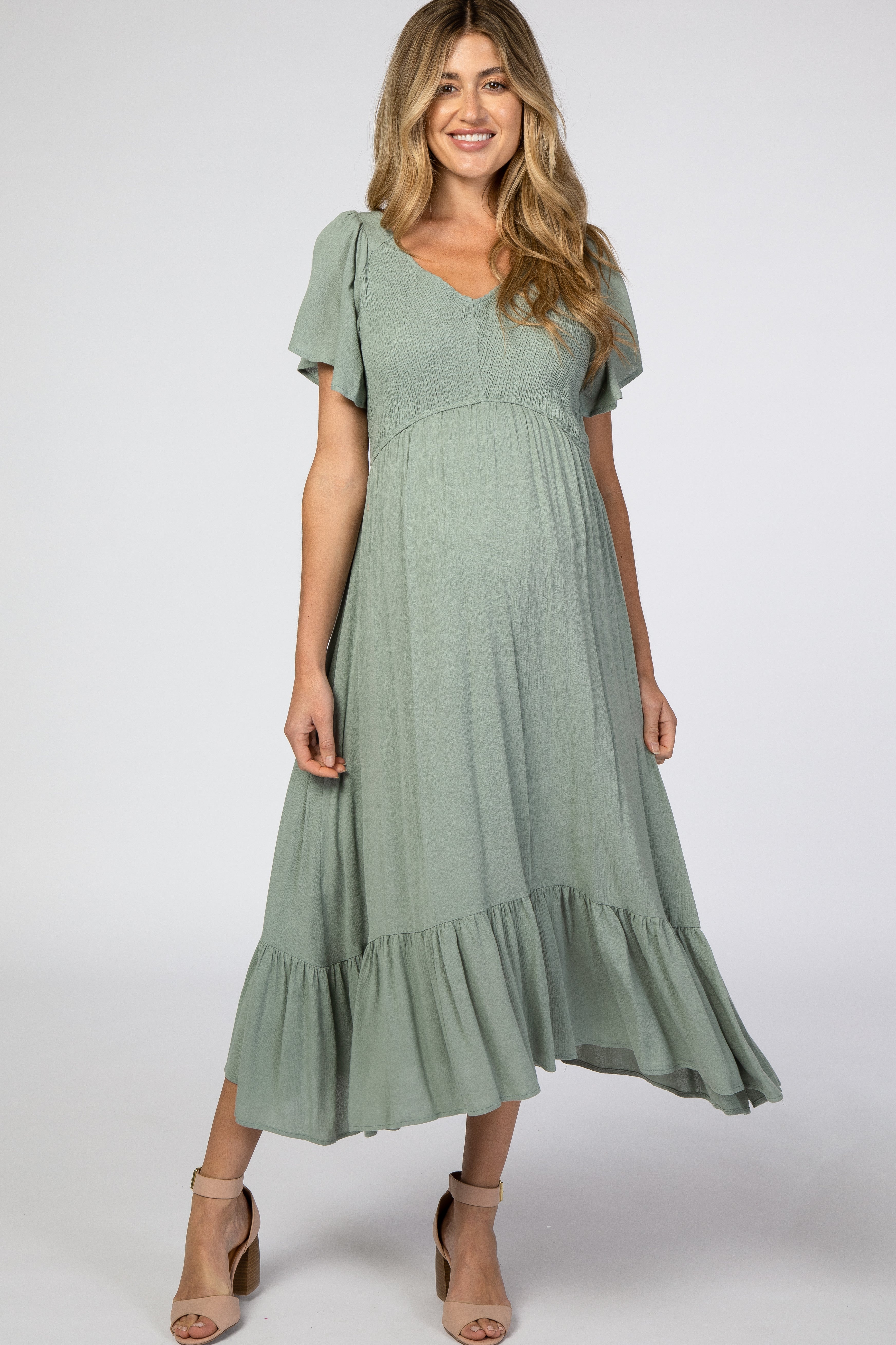 Light olive maternity midi dress in a smocked V-neck style