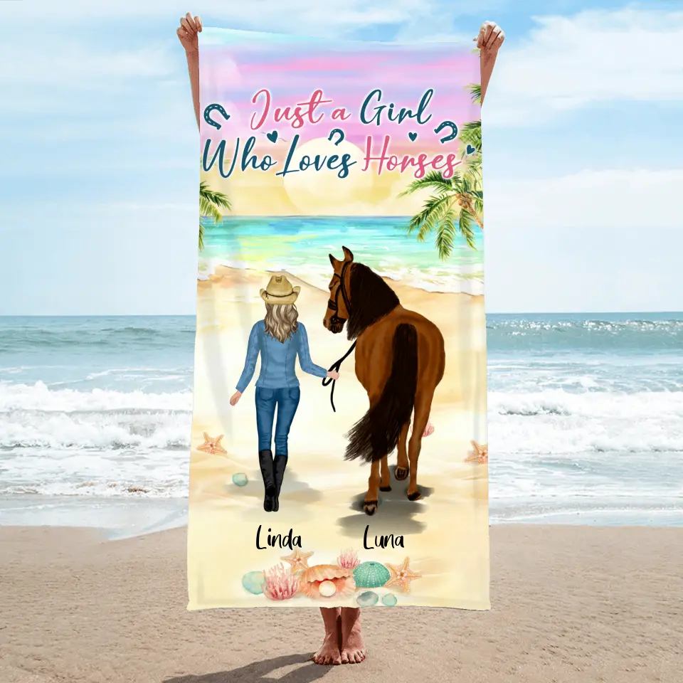 Personalized Horse Girl Summer Vibe Beach Towel - Up to 6 Horses - Best Gift For Horse Lover - Just A Girl Who Loves Horses