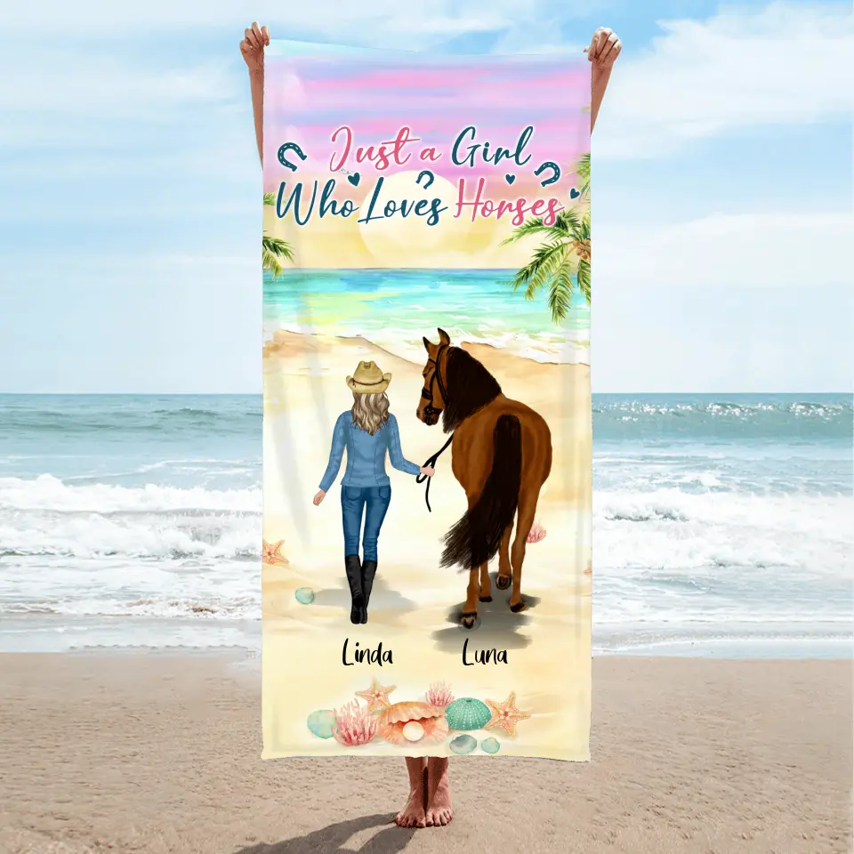Personalized Horse Girl Summer Vibe Beach Towel - Up to 6 Horses - Best Gift For Horse Lover - Just A Girl Who Loves Horses