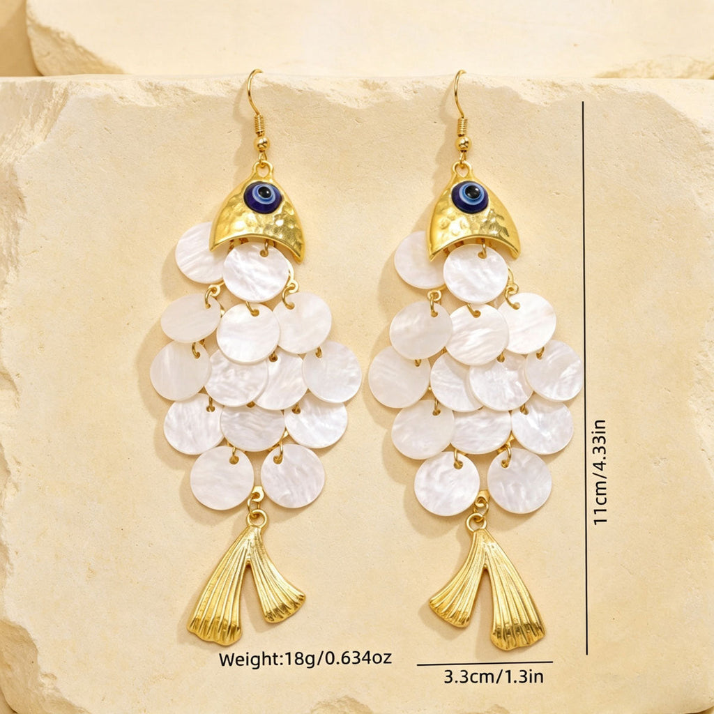 Women Fish Shape Faux Shell Tassel Drop Earrings With Eye Detail, PVD Gold Plated Boho Beach Vacation Statement Jewelry