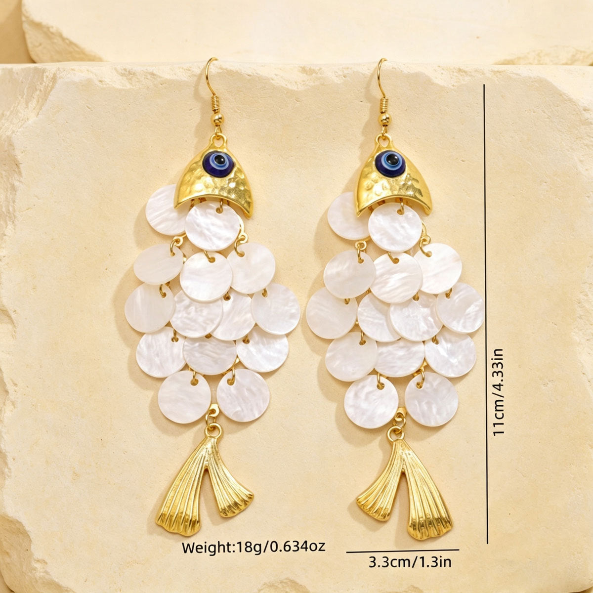 Women Fish Shape Faux Shell Tassel Drop Earrings With Eye Detail, PVD Gold Plated Boho Beach Vacation Statement Jewelry