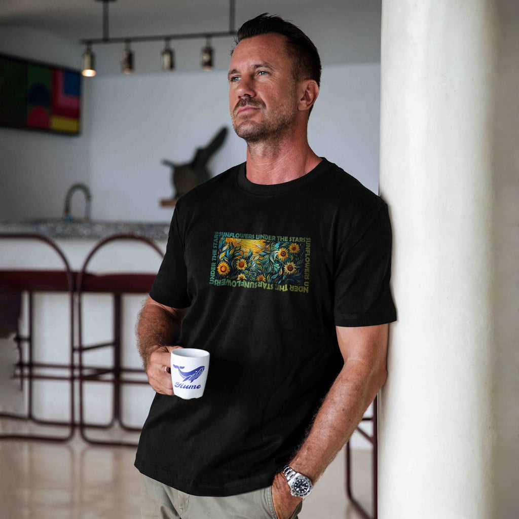 Men's black crew neck t-shirt with Van Gogh sunflower and starry night artistic print.
