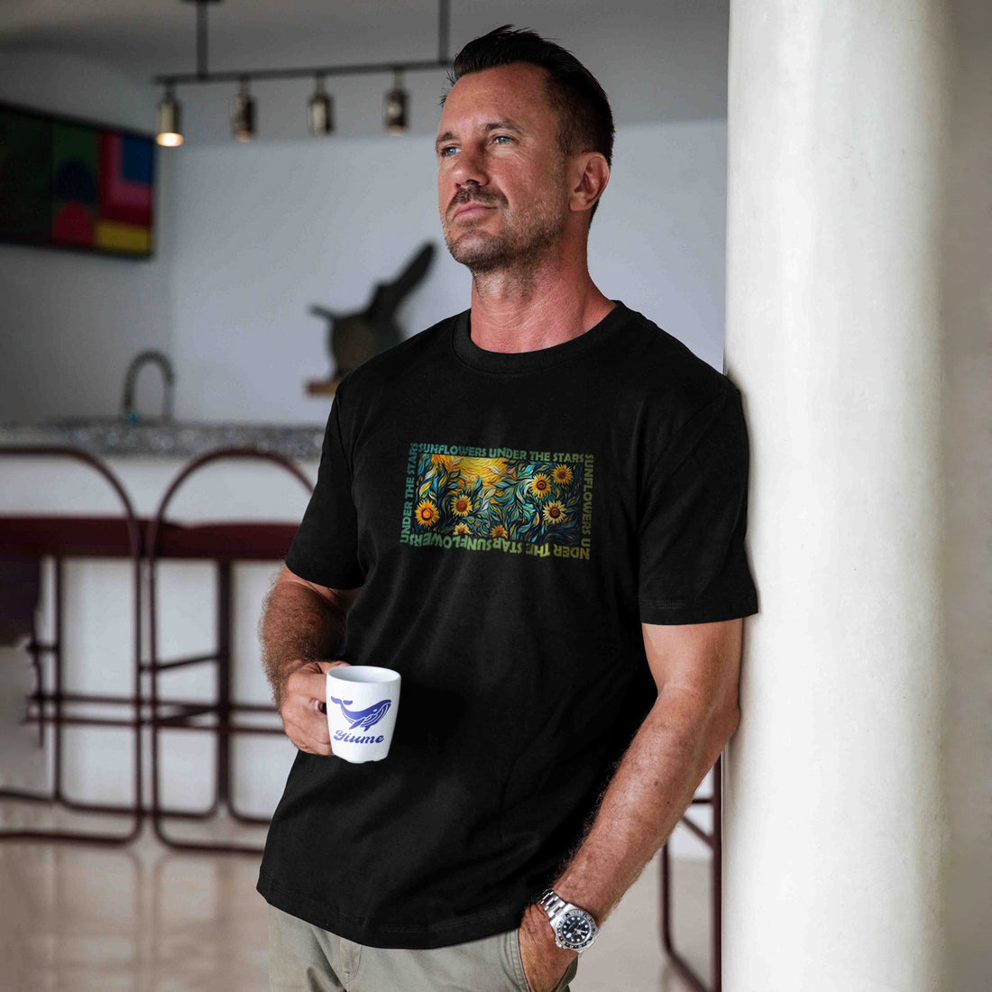 Men's black crew neck t-shirt with Van Gogh sunflower and starry night artistic print.