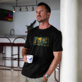 Men's black crew neck t-shirt with Van Gogh sunflower and starry night artistic print.