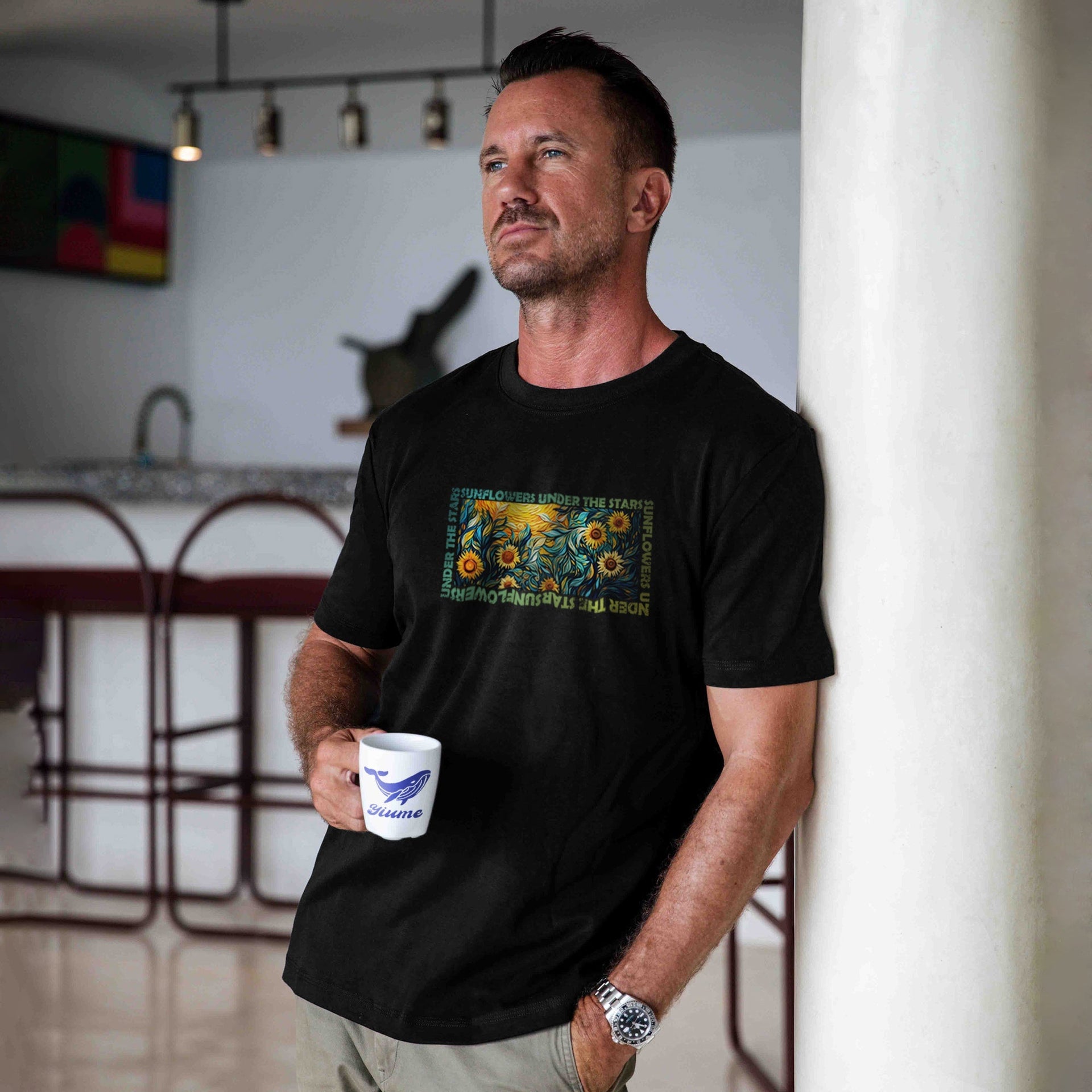 Men's black crew neck t-shirt with Van Gogh sunflower and starry night artistic print.