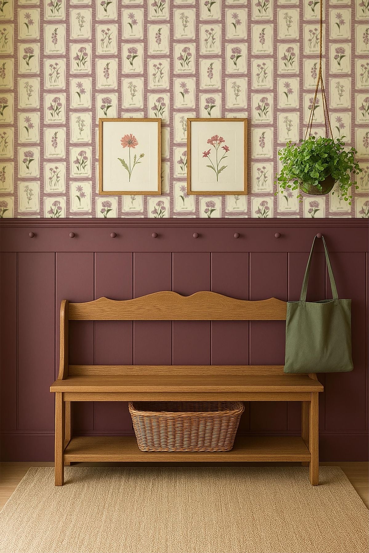 Susan Floral Wallpaper – Vintage Botanical Beige, Mauve & Green