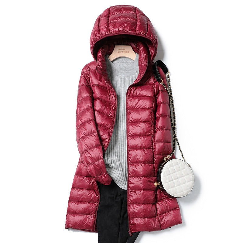 Women's Harajuku Oversized Mid-Length Hooded Down Jacket Pink Taupe - Image 4