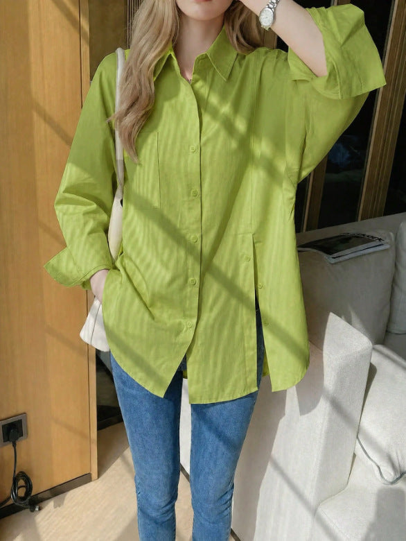 Women's Solid Color Drop Shoulder Shirt with Side Slit Detail