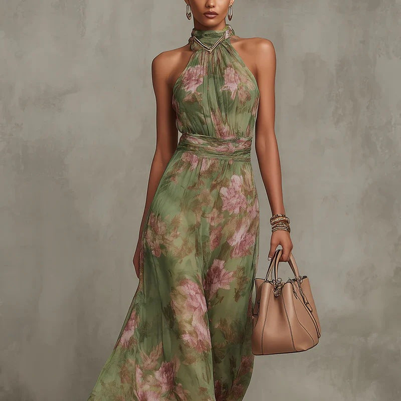 Green Graffiti Print Mesh Suspender Maxi Dress Streetwear