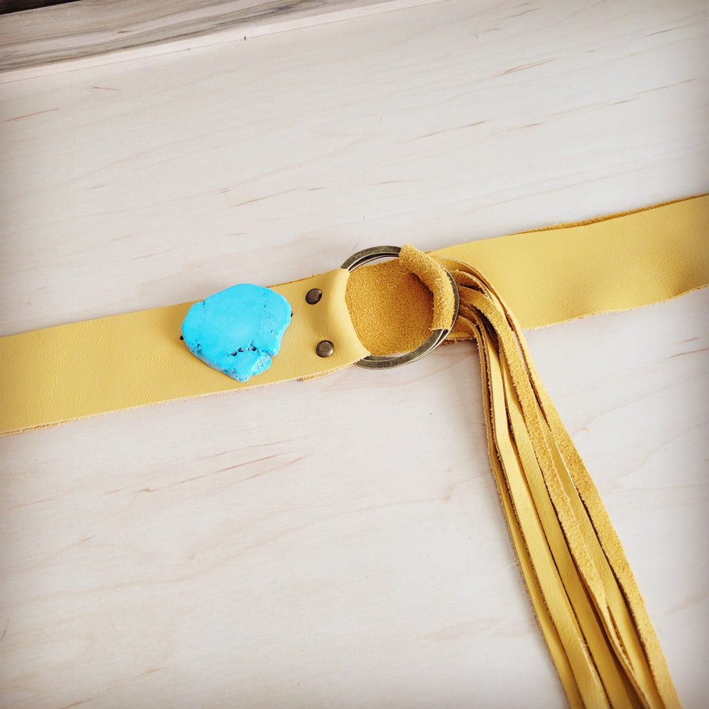 Mustard Leather Belt with Leather Fringe Closure and Turq Slab 908u
