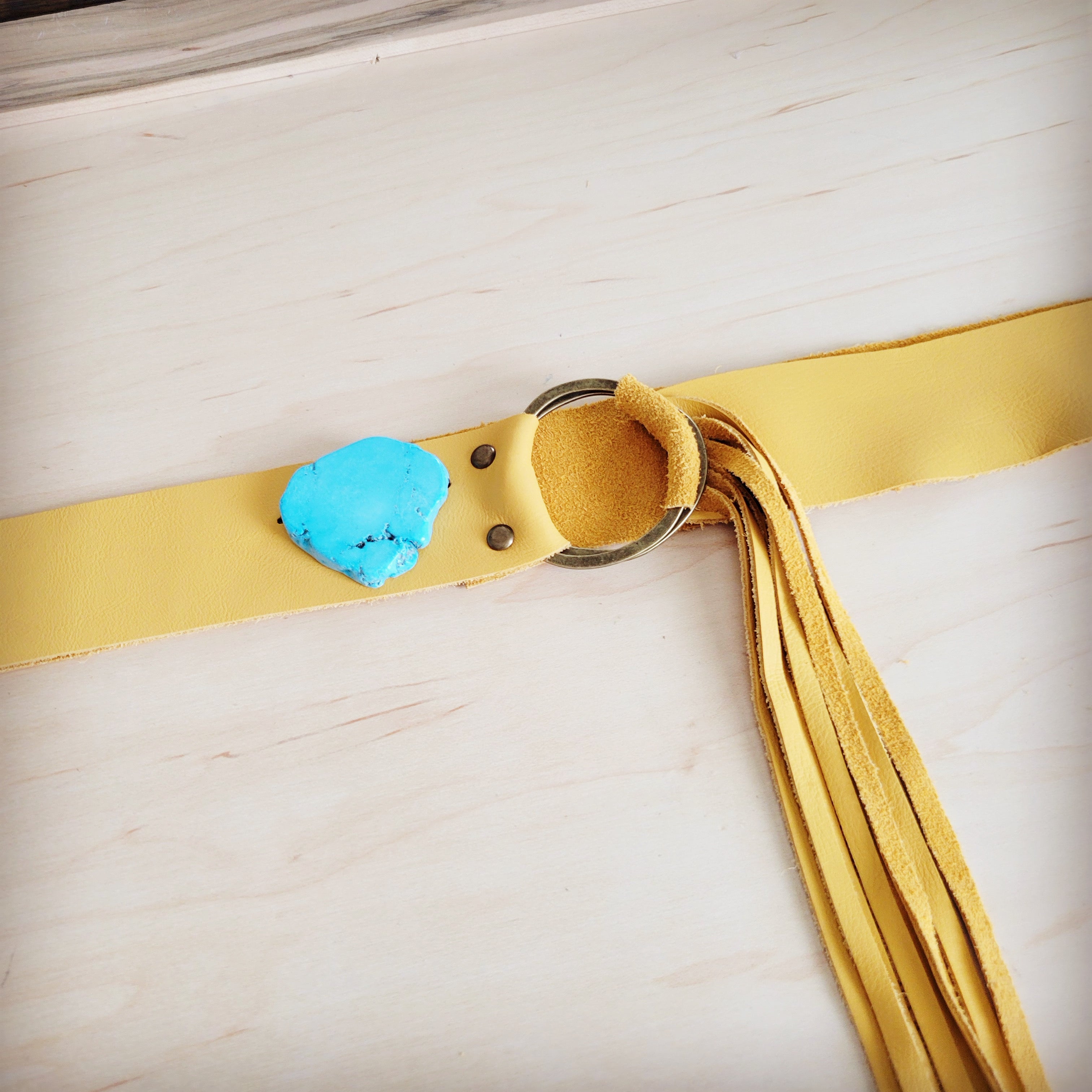 Mustard Leather Belt with Leather Fringe Closure and Turq Slab 908u