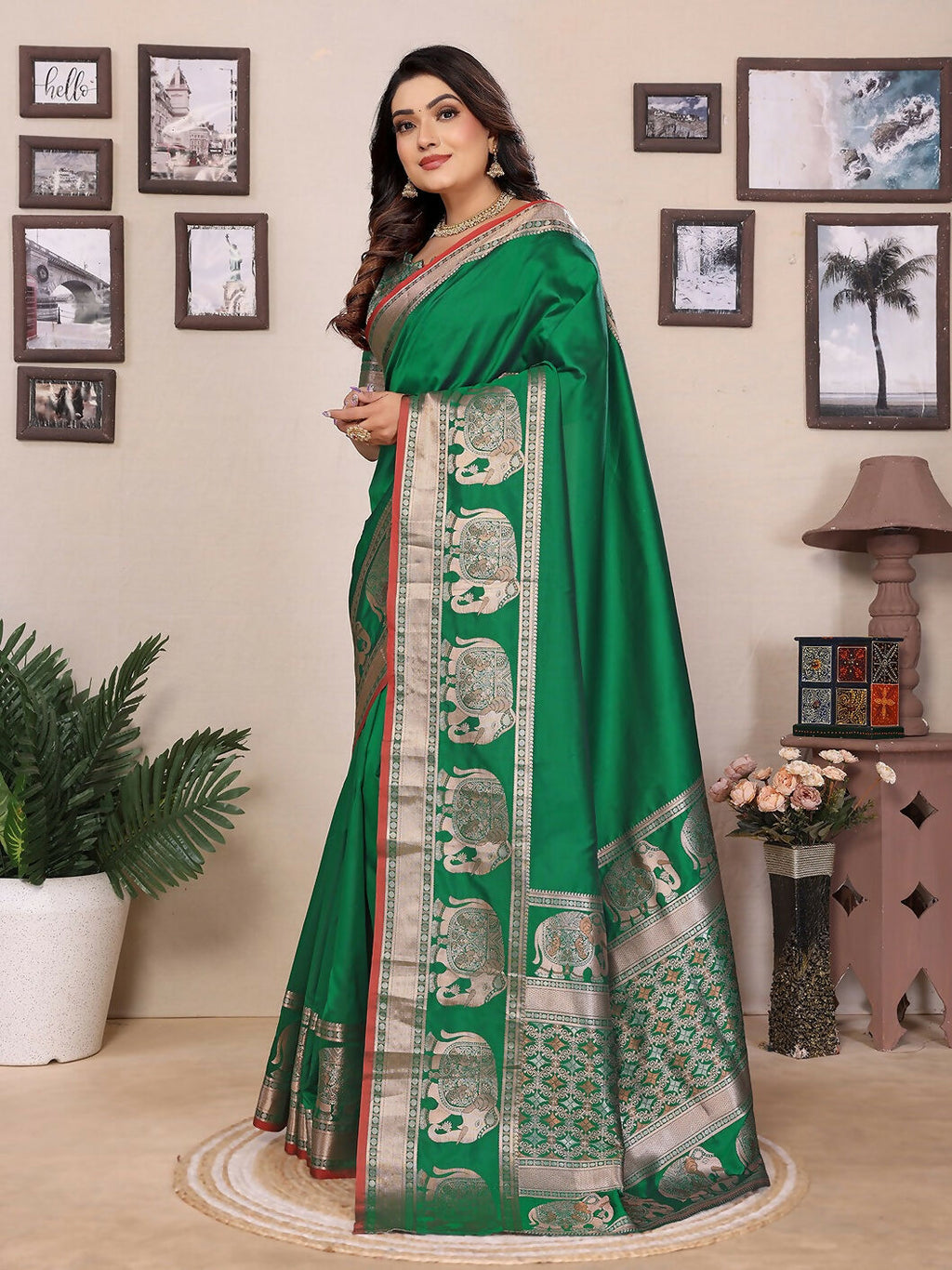 Green Solid Banarasi Silk Brocade Saree with Blouse Piece