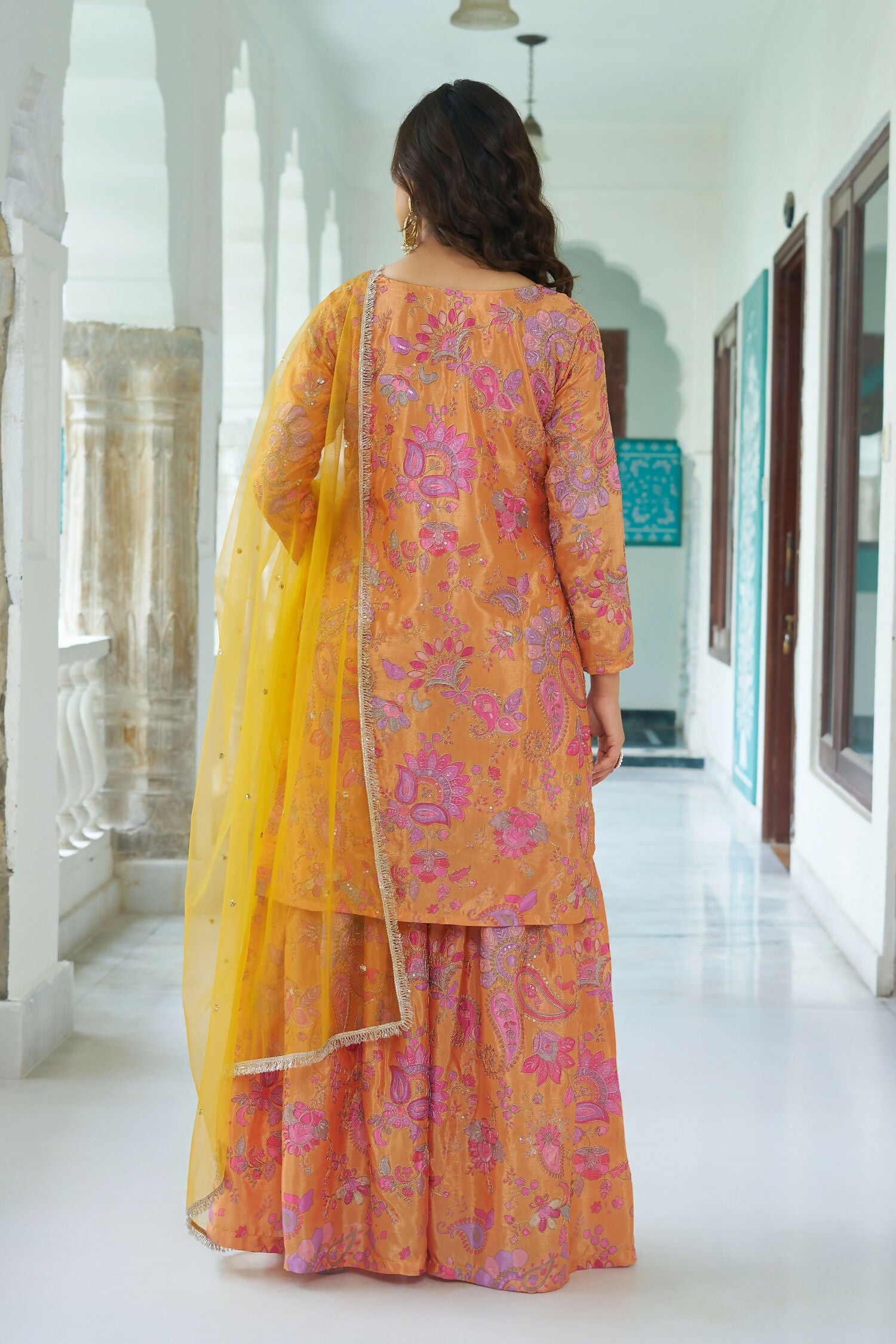 Yellow Chinnon Embroidery Sequence Work Readymade Kurta Set
