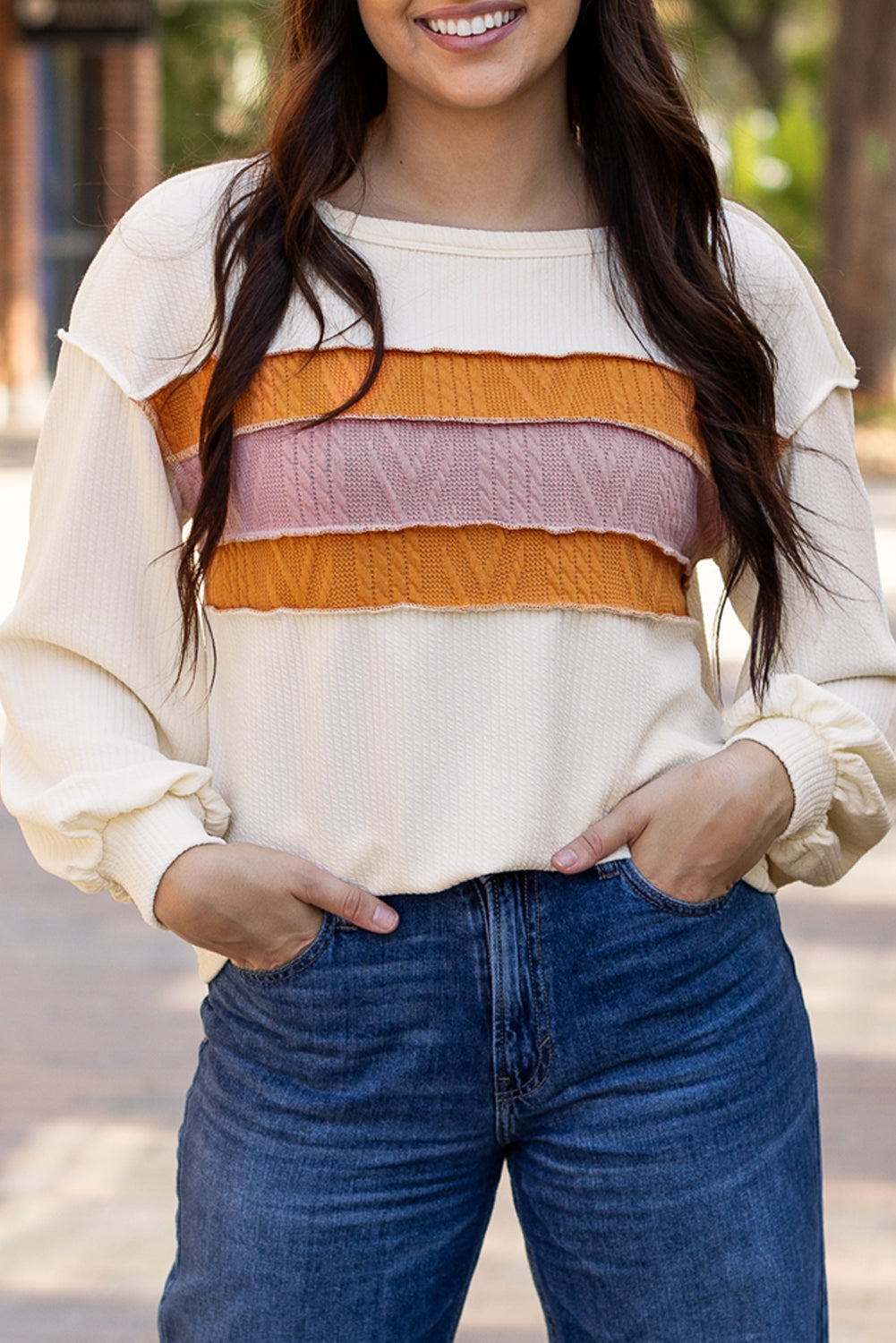 Corded Knit Reverse Seam Patchwork Drop Sleeve Top