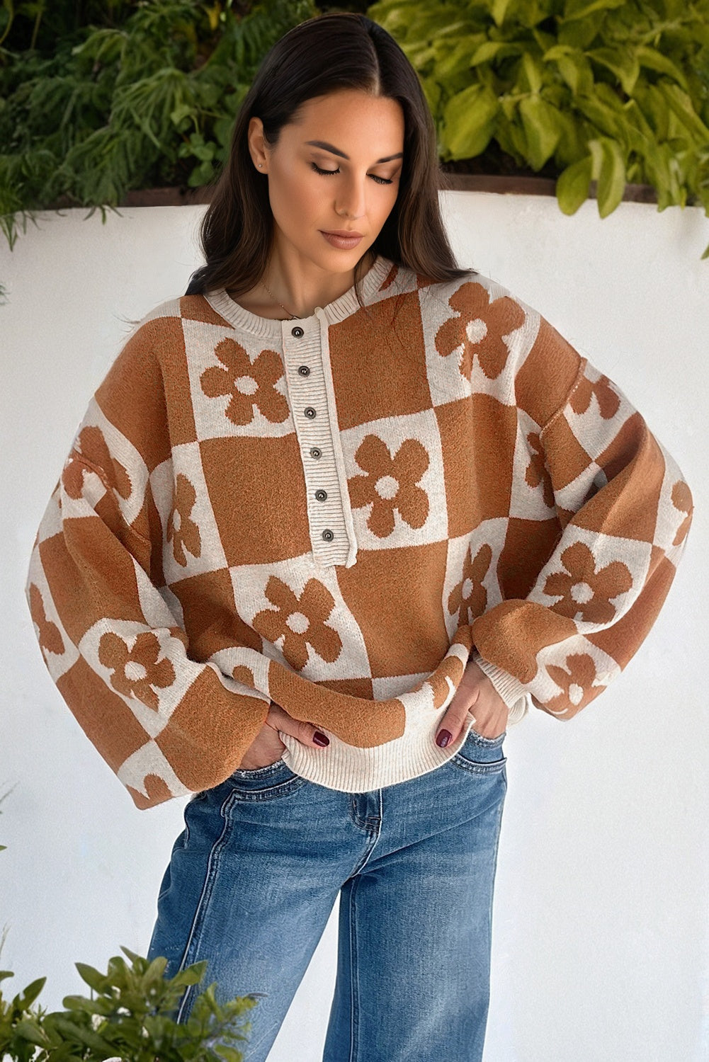 Flower Checker Henley Baggy Sweater