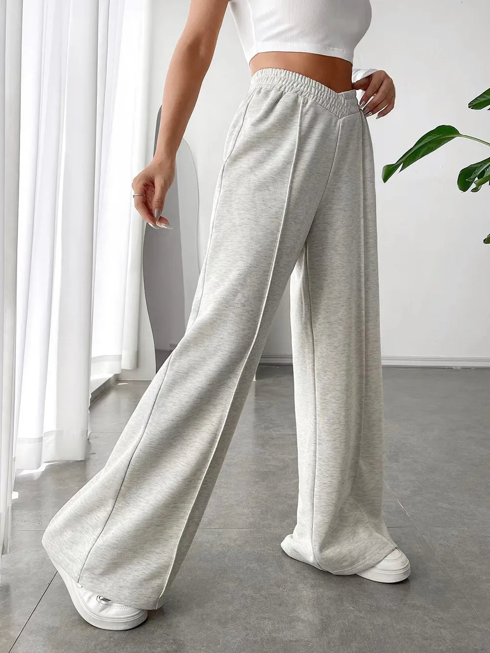Elastic Waist Wide Leg Pants | Grey Knit Relaxed Fit