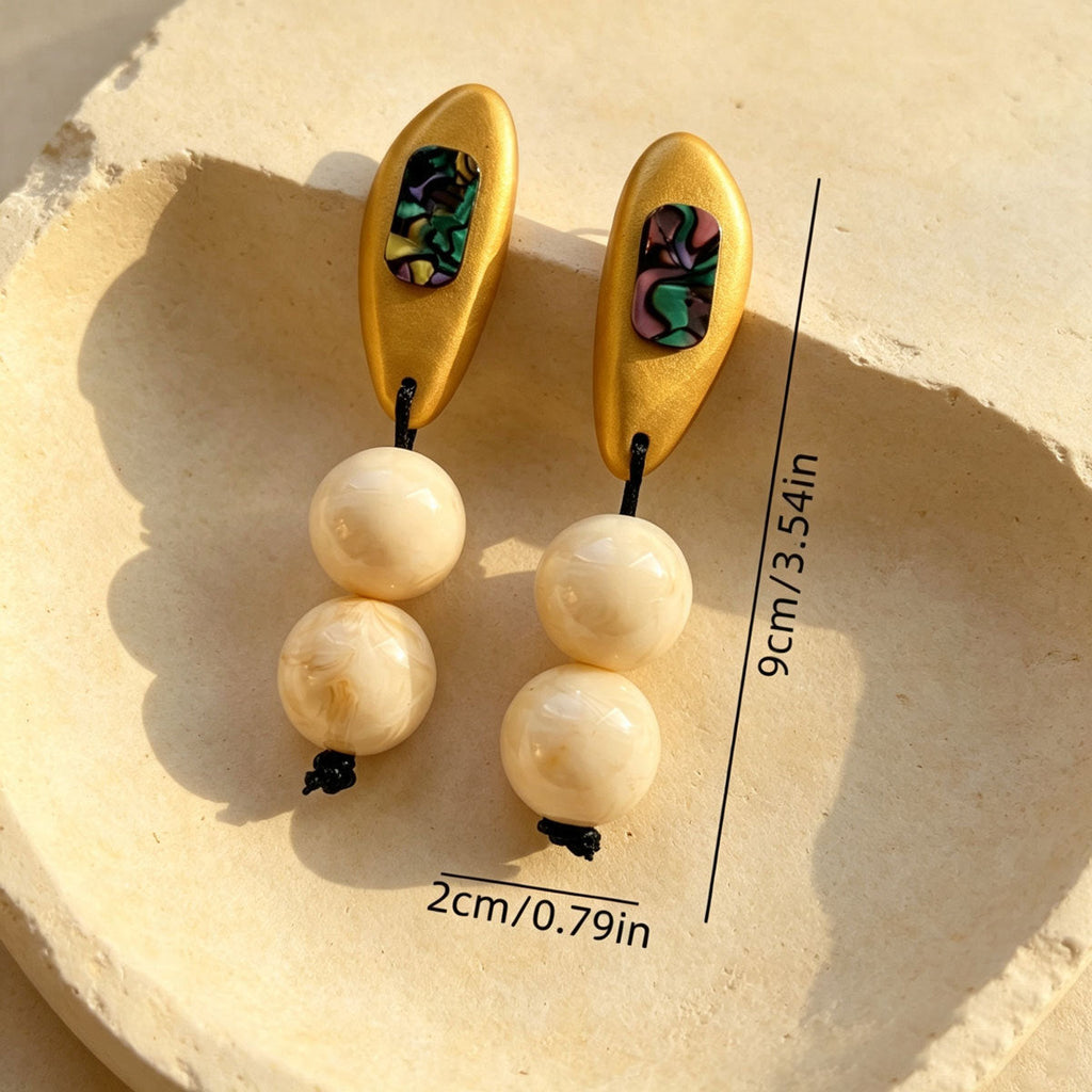Women Wood Faux Abalone Shell Double Faux Pearl Drop Earrings, Boho Earth Tone Lightweight Vacation Statement Jewelry