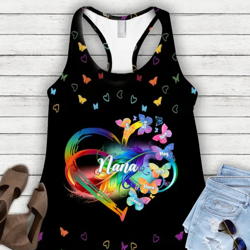 Personalized Grandma AOP Women's Racerback Tank Top - Gift Idea for Grandma/Nana/Mother - Up to 7 Kids Name