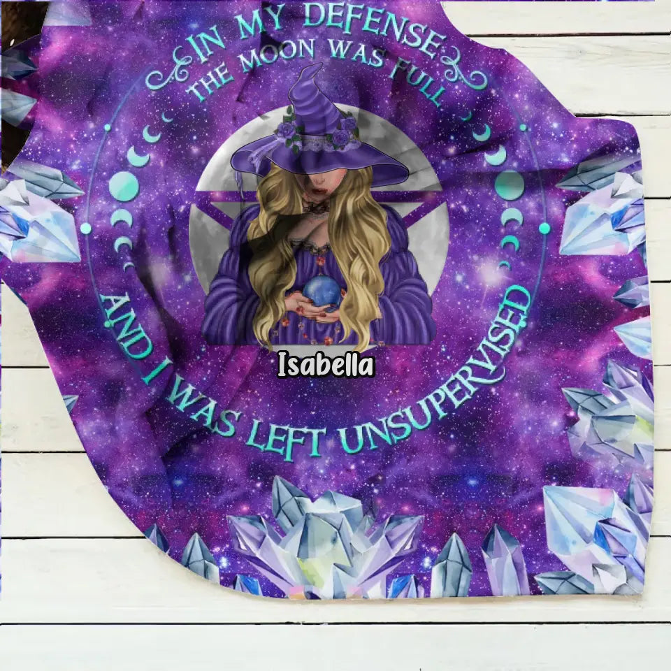 Personalized Witch Fleece Throw Blanket/Quilt - Halloween Gift Idea For Witch Lovers - In My Defense The Moon Was Full And I Was Left Unsupervised