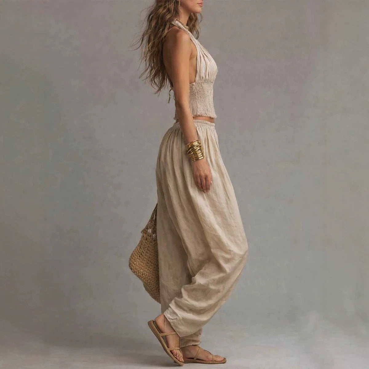 Women's Backless Halter Top & Wide-Leg Pants Set - Resort Wear