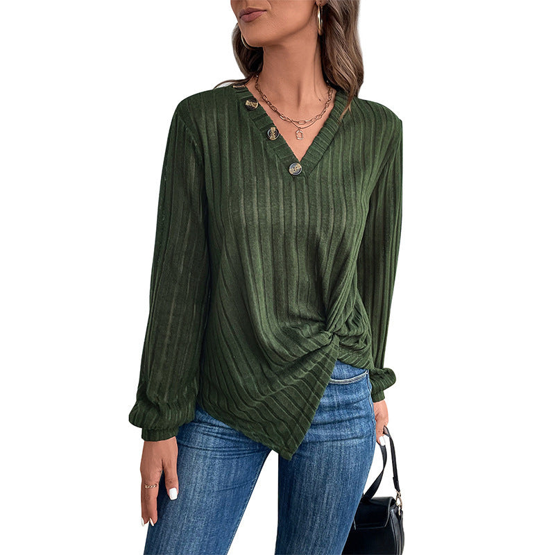 Women's V-Neck Long-Sleeve Knit Sweater in Olive Green