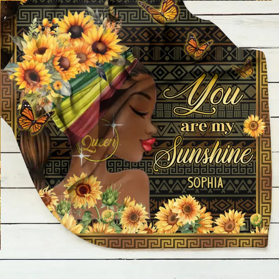 Personalized Sunflower Girl Fleece Throw Blanket/Quilt - Gift Idea for Black Girl/Black Woman/Afro Black Girl - You Are My Sunshine