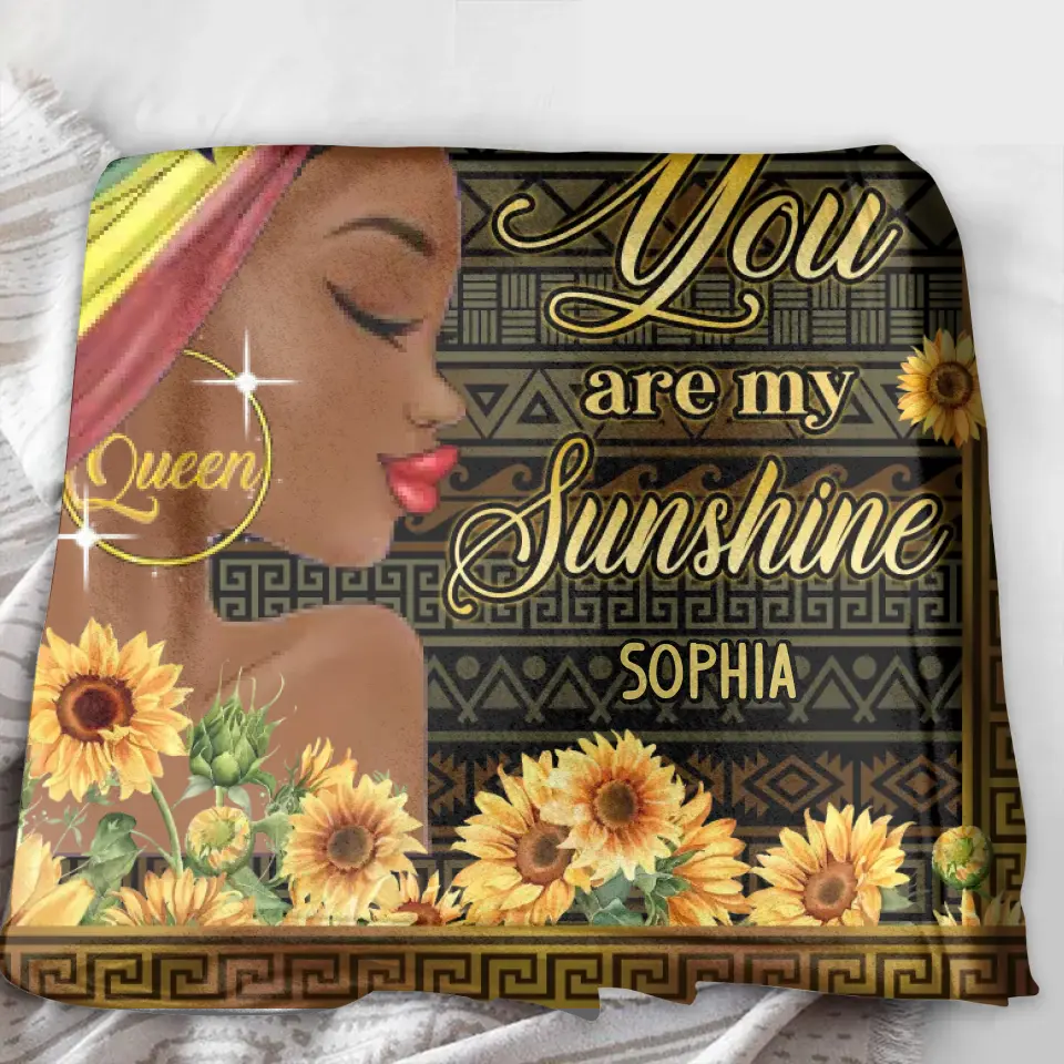 Personalized Sunflower Girl Fleece Throw Blanket/Quilt - Gift Idea for Black Girl/Black Woman/Afro Black Girl - You Are My Sunshine