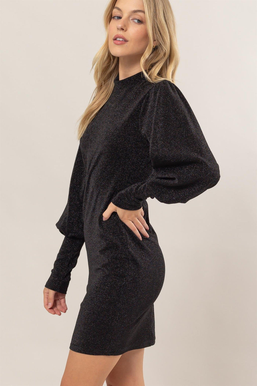 Glitter Mock Neck Long Sleeve Mini Dress in Black or Silver