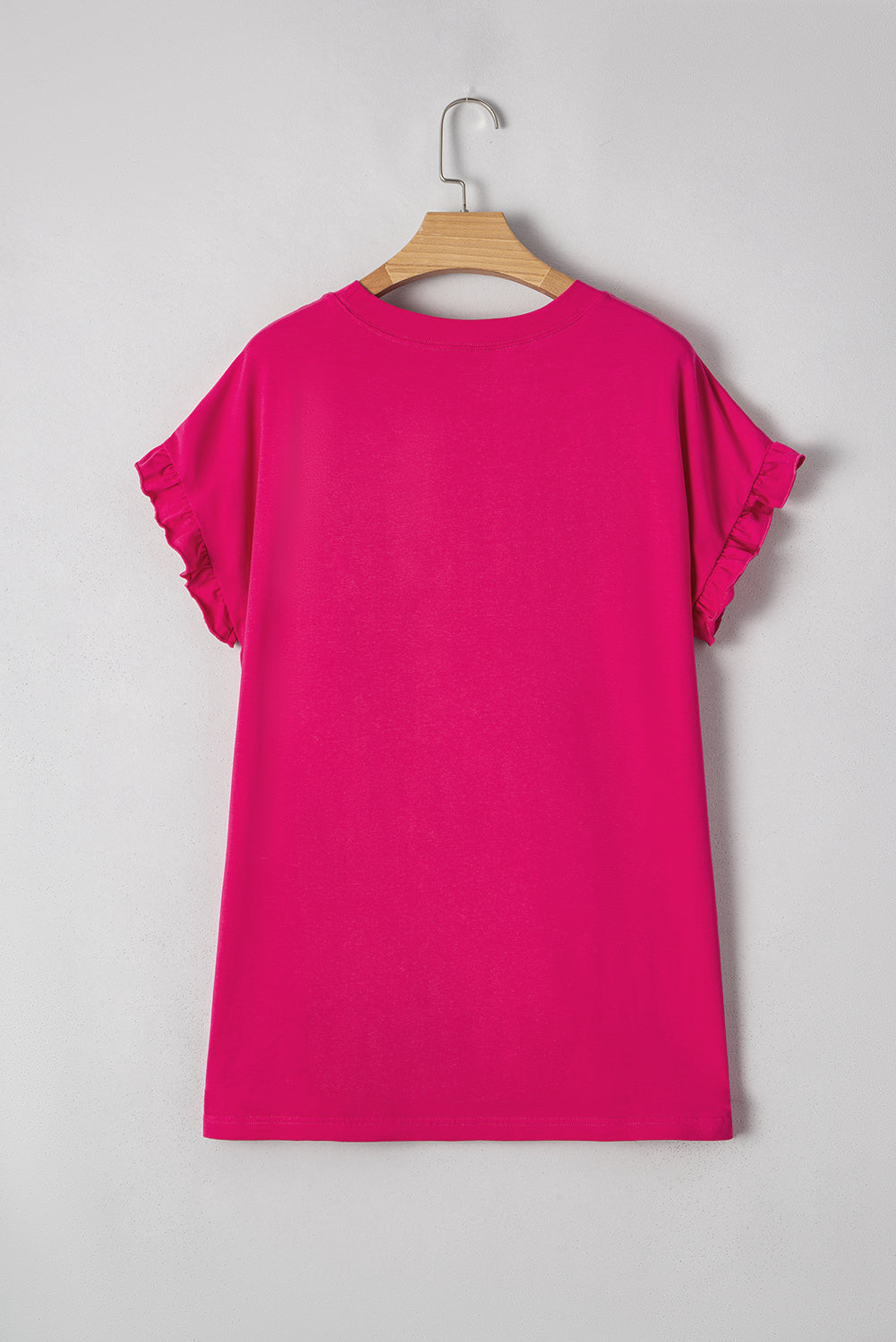 Rose Red Color Block Ruffled Crew Neck Loose Fit T-Shirt