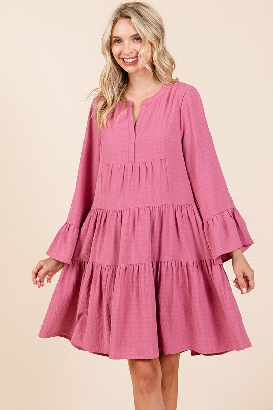 Tiered Notched Flare Sleeve Mini Dress in Mauve Dusty-Rose