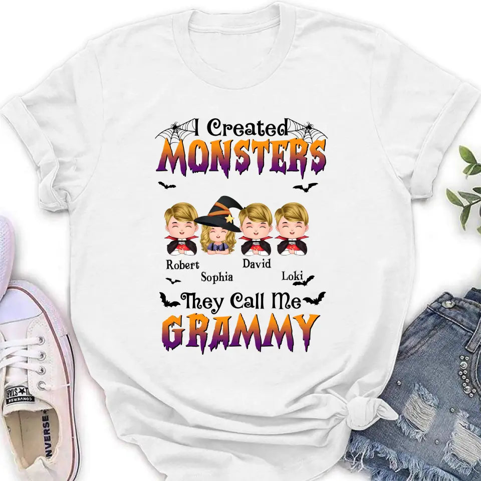 Personalized Grandma Shirt/Hoodie - Halloween Gift Idea for Witch Lovers - Up to 4 Kids - I Created Monsters They Call Me Grammy