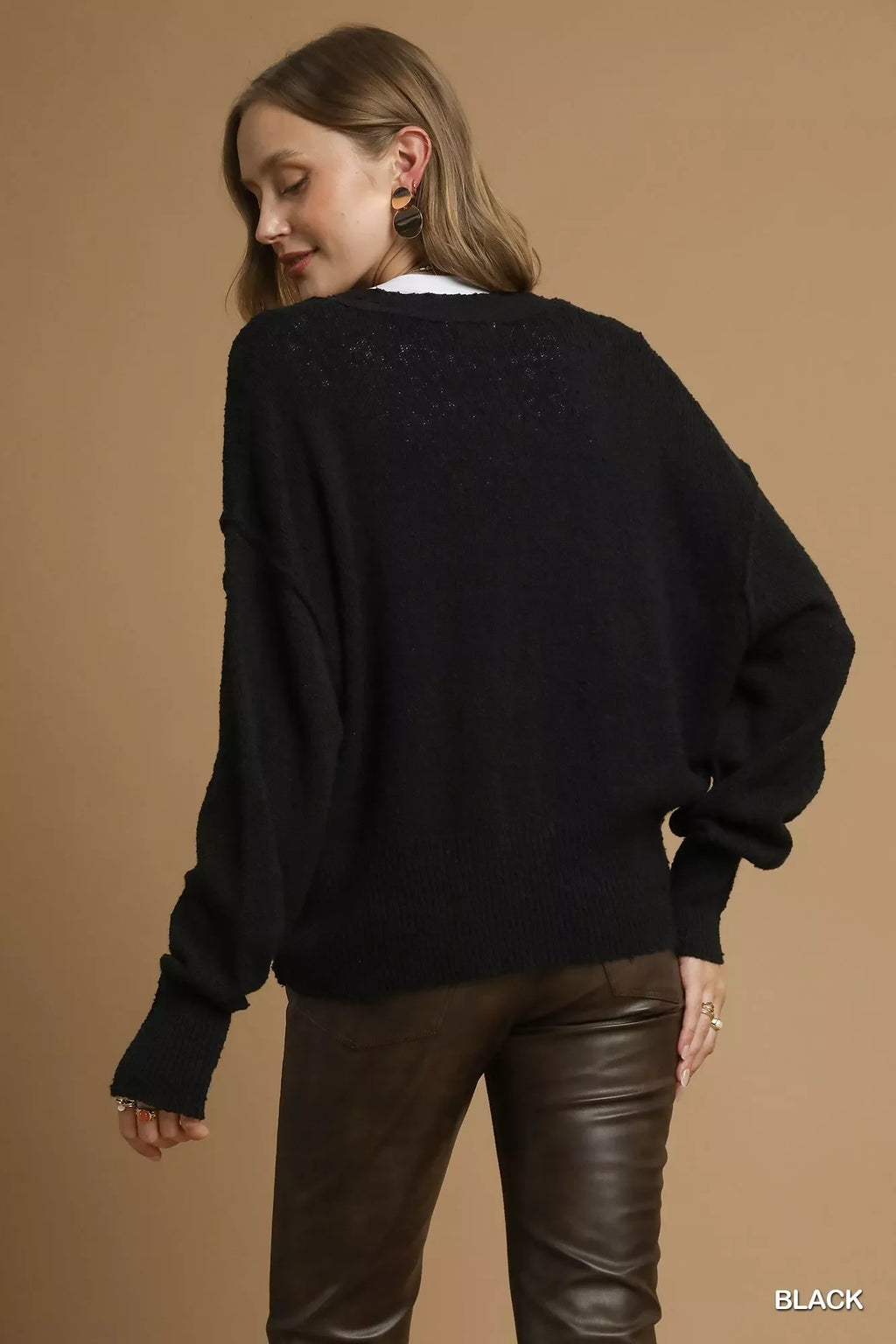 Button-Front V-Neck Knit Cardigan in Black