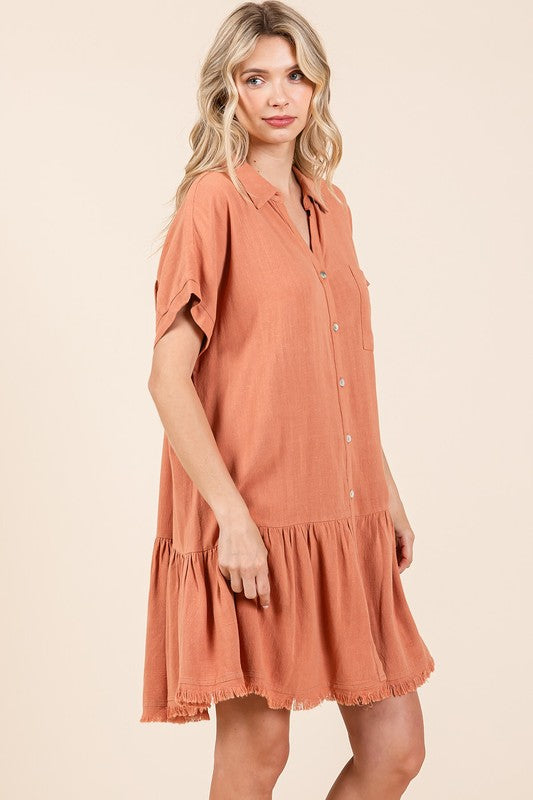 Linen Blend Button Down Mini Dress with Tiered Detail & Raw Hem
