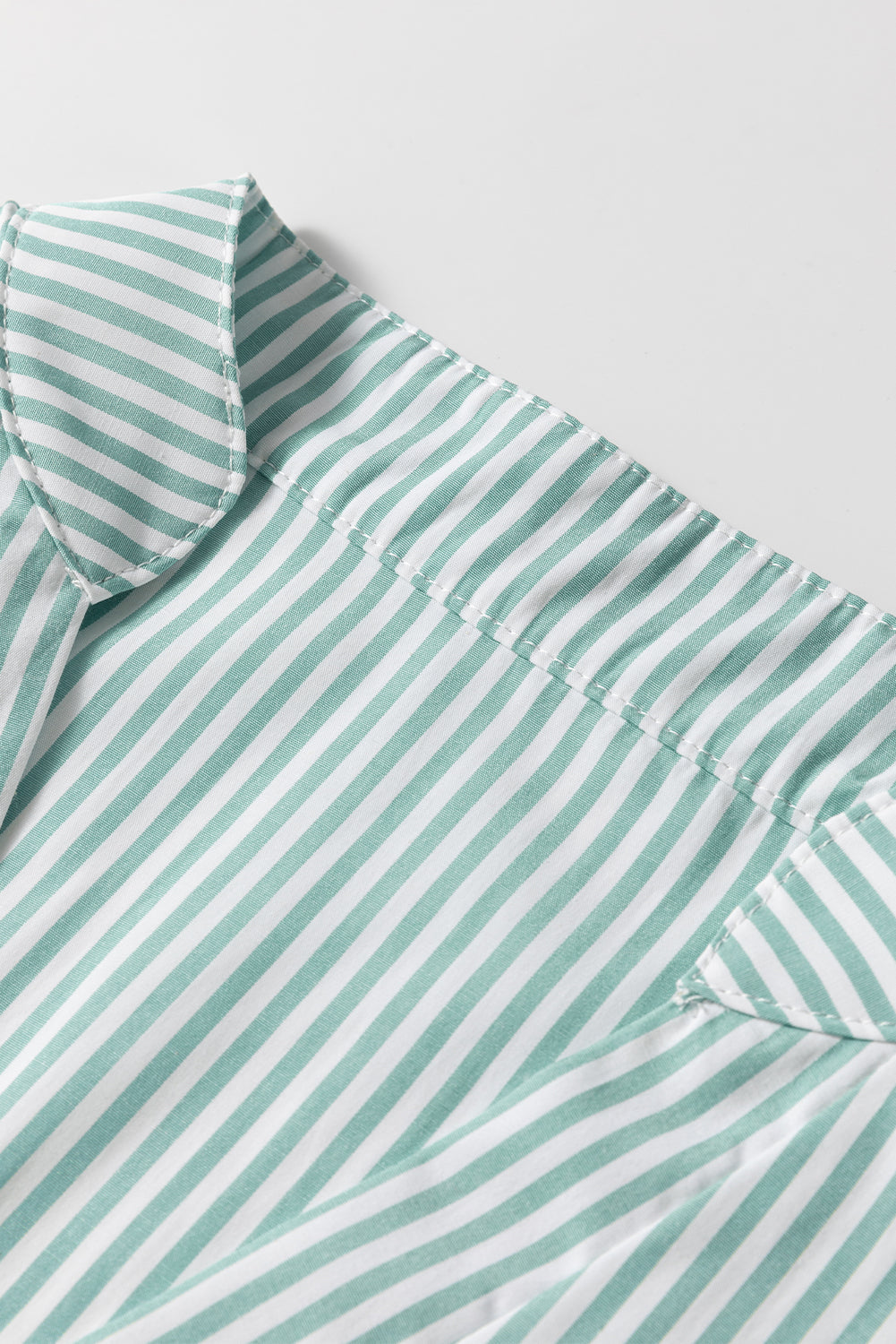 Green Stripe V-Neck Roll-Up Sleeve Shirt with Pocket Detail