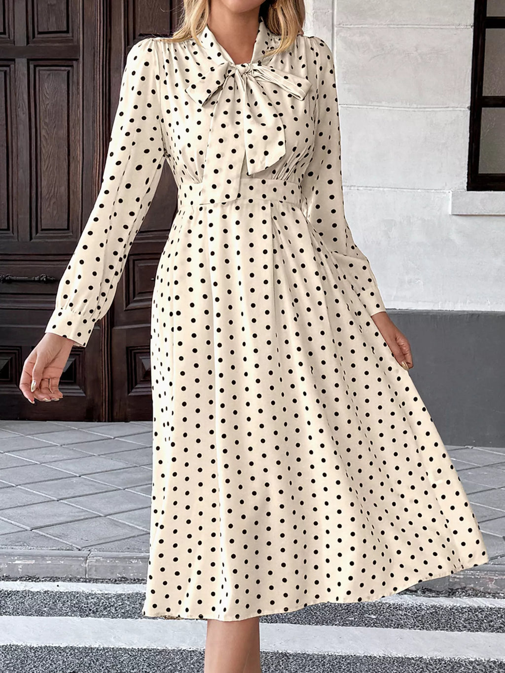 Polka Dot Tie Front Long Sleeve Midi Dress