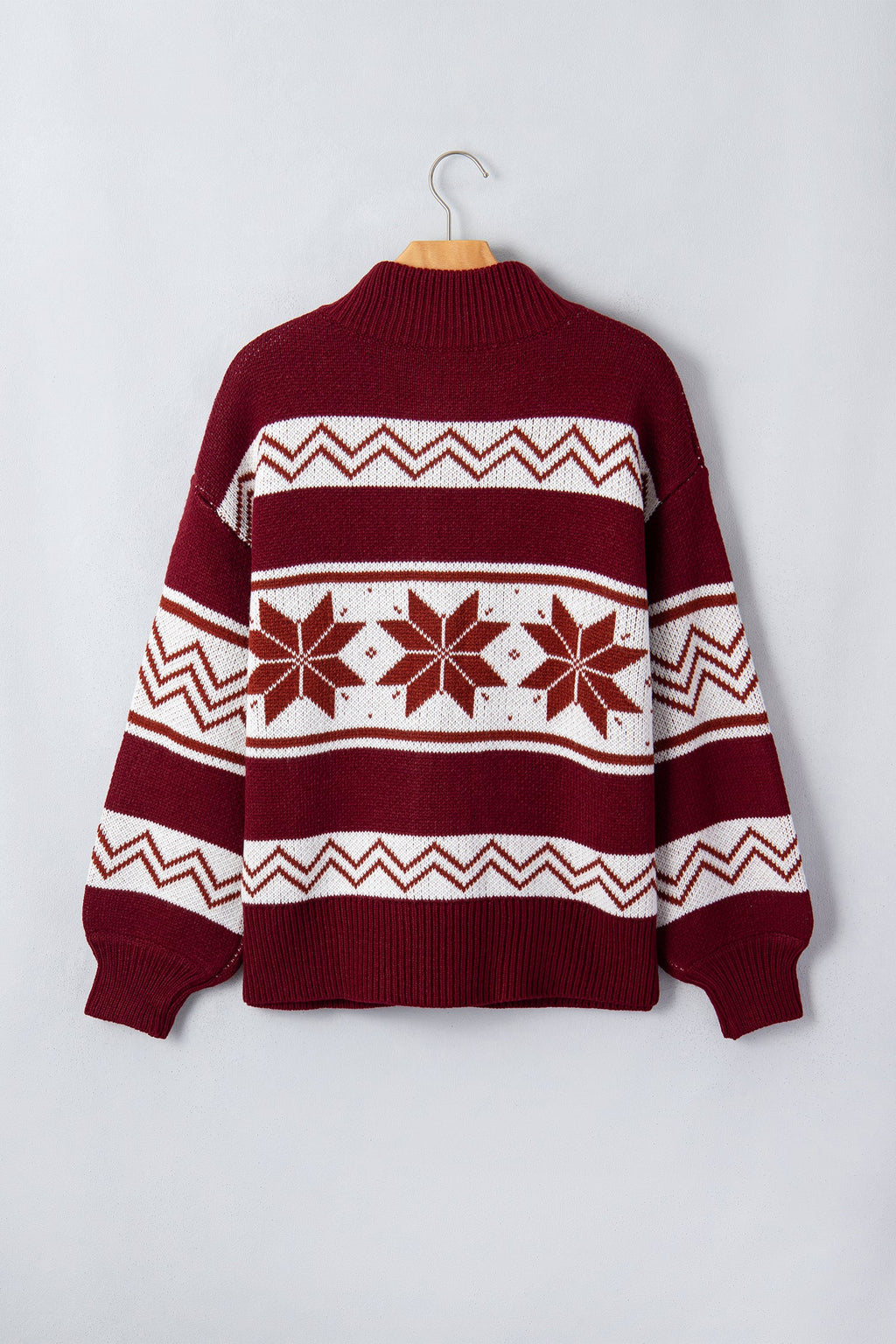 Geometric Fair Isle Knit Zip-Up Mock Neck Cardigan