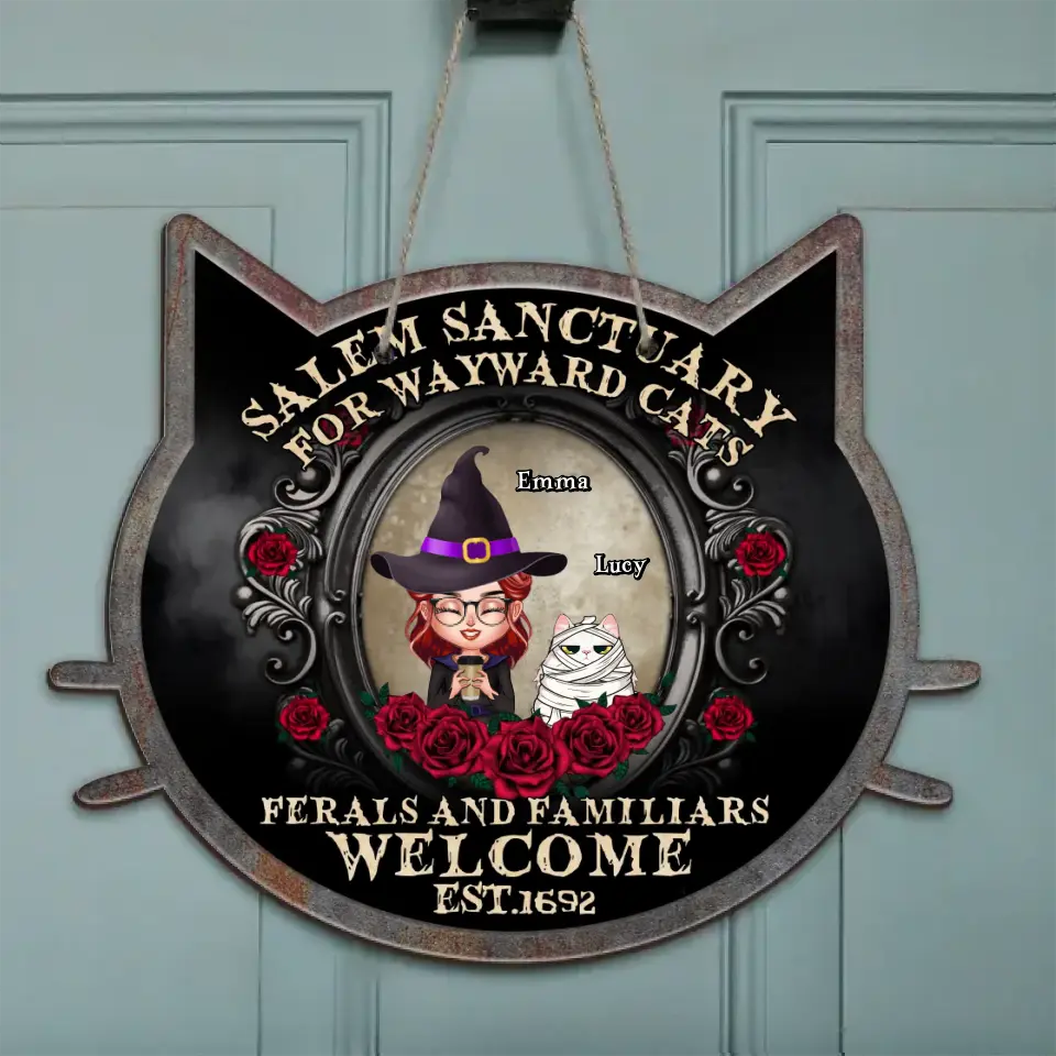 Personalized Halloween Cat Mom Wooden Sign - Up to 4 Cats - Halloween Gift For Cat Lovers/Wiccan Decor/Pagan Decor/Wall Art Wicked Witch - Salem Sanctuary For Wayward Cats