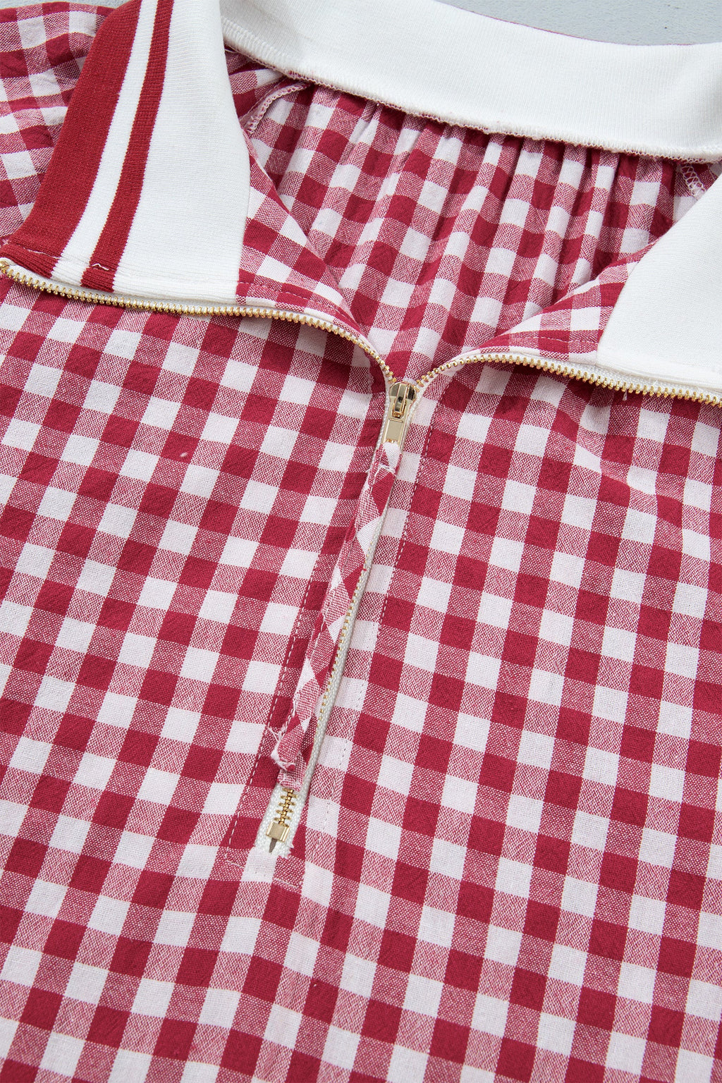 Journi Patchwork Half Zip Blouse in Red and White Geometric