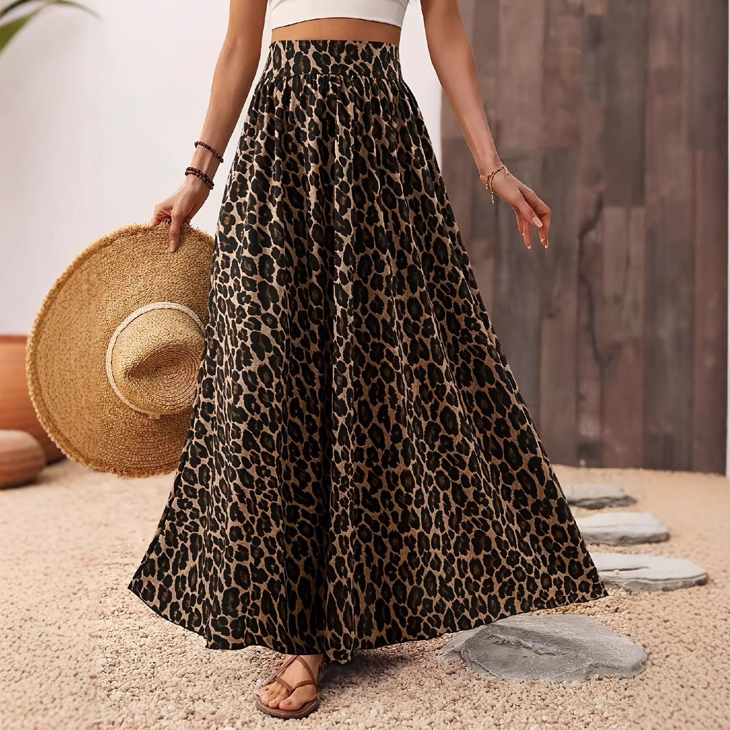 High Waist Leopard Print Midi Skirt - Bohemian Vacation Style