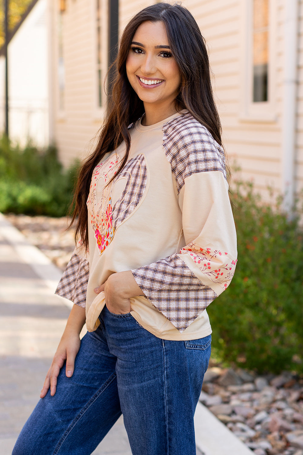 Emilia Plaid Floral Peace Heart Long Sleeve Top