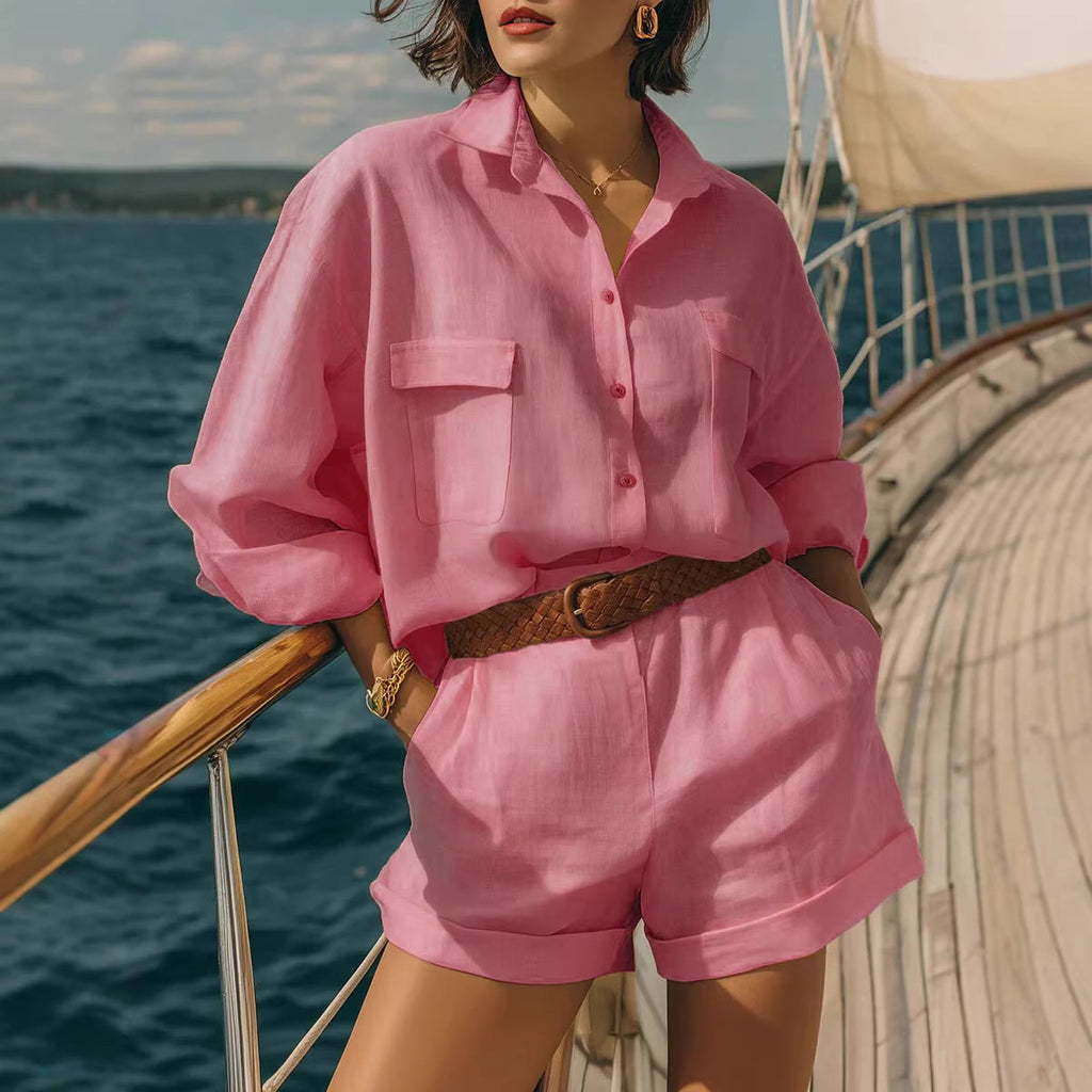 Women's Loose Fit Button Down Shirt and Shorts Casual Set - Image 3